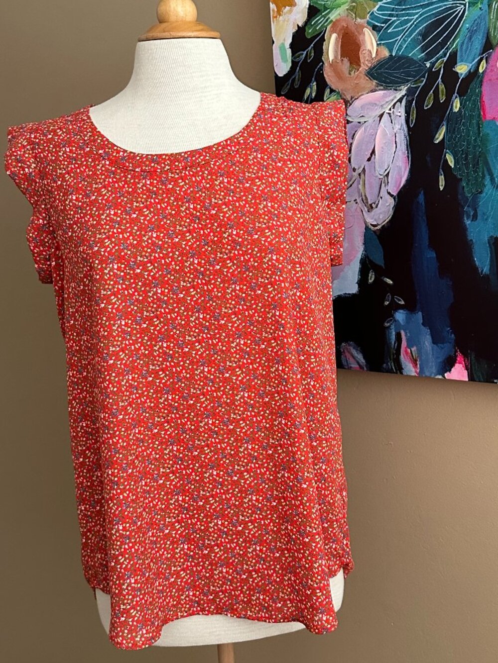 Pleione Red Ditsy Floral Blouse Size M| Flutter Sleeve Boho Cottagecore Top